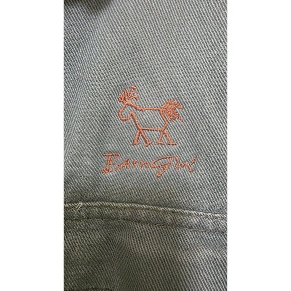 Barn Girl Farm Clothes Green Canvas Jacket Leather Collar Size S Plaid Lining Em - Picture 5 of 8